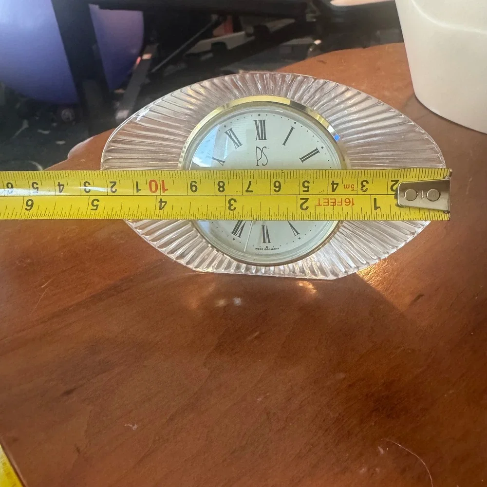 Vintage PS West Germany Quartz Fluted Glass Oval Desk Clock Gold Tone MCM